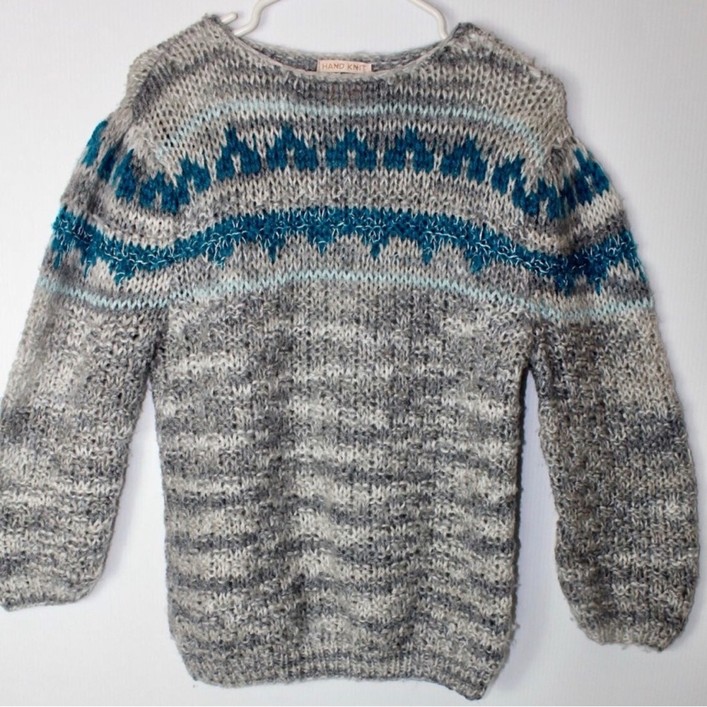 GUC Vintage D.D. Sloane Hand Knit Sweater M Gray Blue Fair Isle Pattern